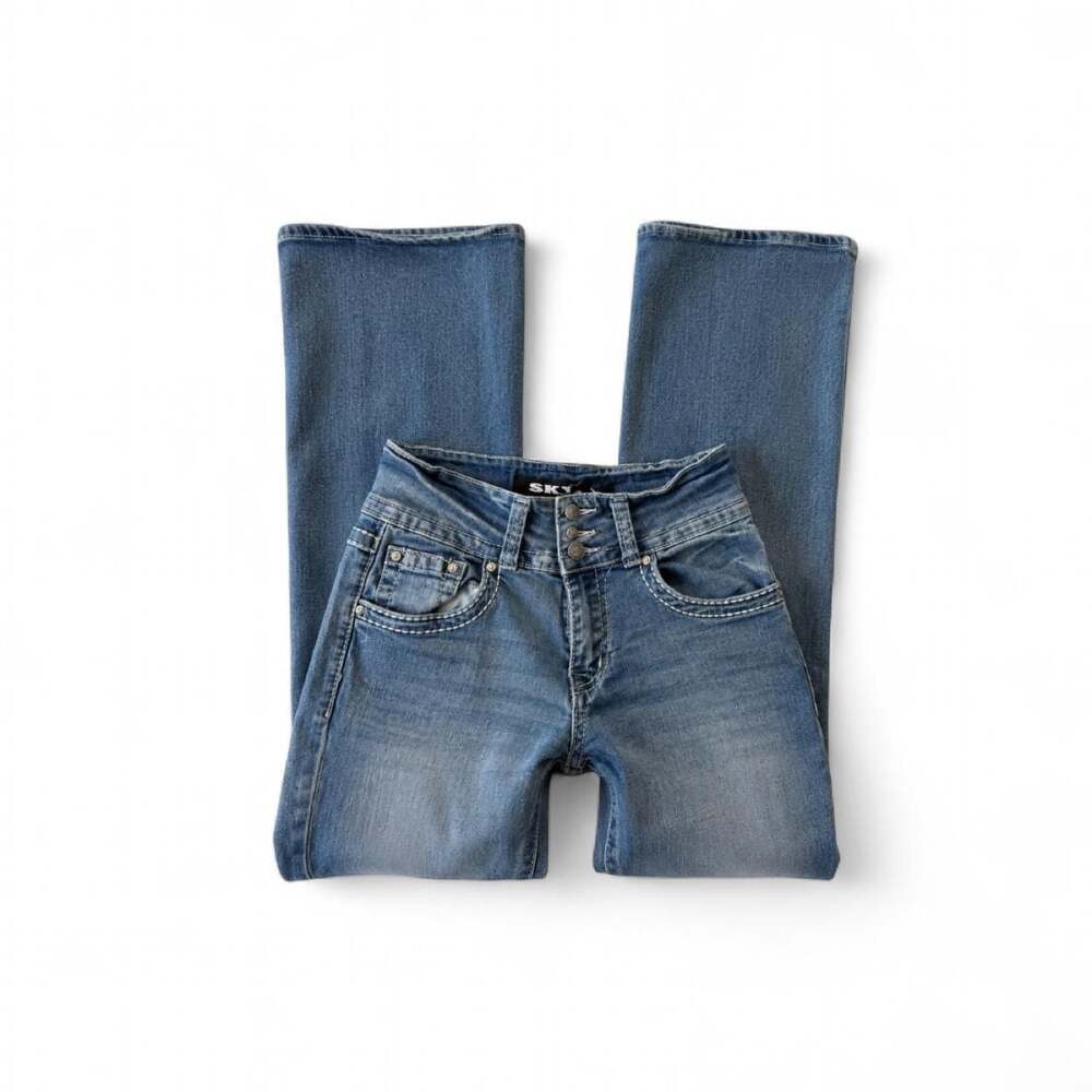 SKY Y2K Blue Denim Flare Jeans with Cross Back Pockets